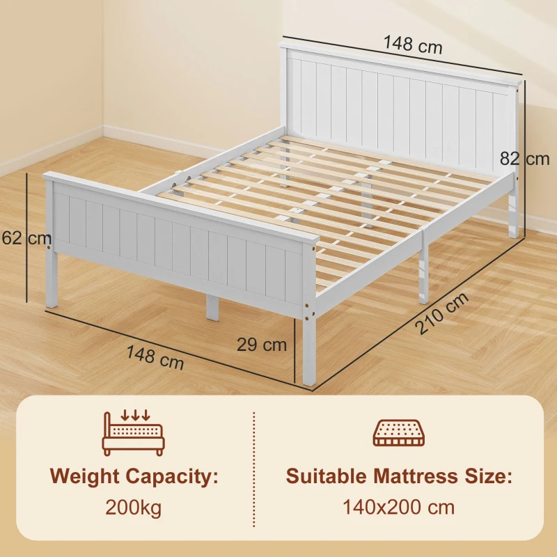 HOMCOM Marco de Cama 150 x 210 cm, cama individual de madera maciza con somier de lamas, cabecera y pie incluidos, montaje fácil, blanco