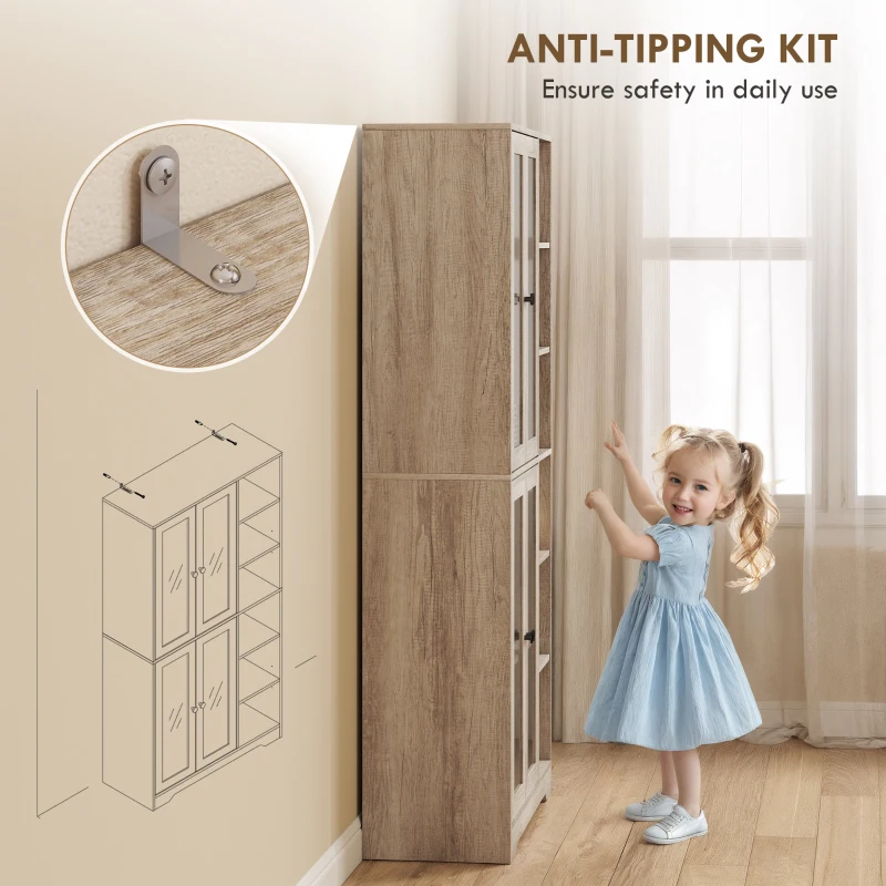 HOMCOM Kitchen Pantry with Glass Cabinets with 4 Soft-Close Doors and Adjustable Shelves, 90x35x172 cm Light Gray