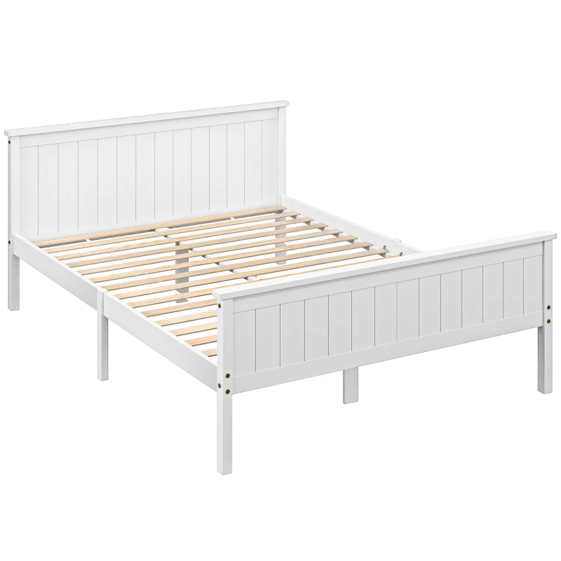 HOMCOM Marco de Cama 150 x 210 cm, cama individual de madera maciza con somier de lamas, cabecera y pie incluidos, montaje fácil, blanco