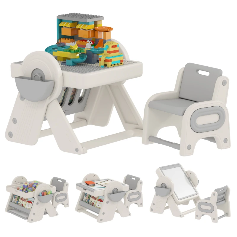 AIYAPLAY Multifunktionstisch für Kinder mit Regalboden und Schubladen, aus HDPE und PP, Grau und Weiß