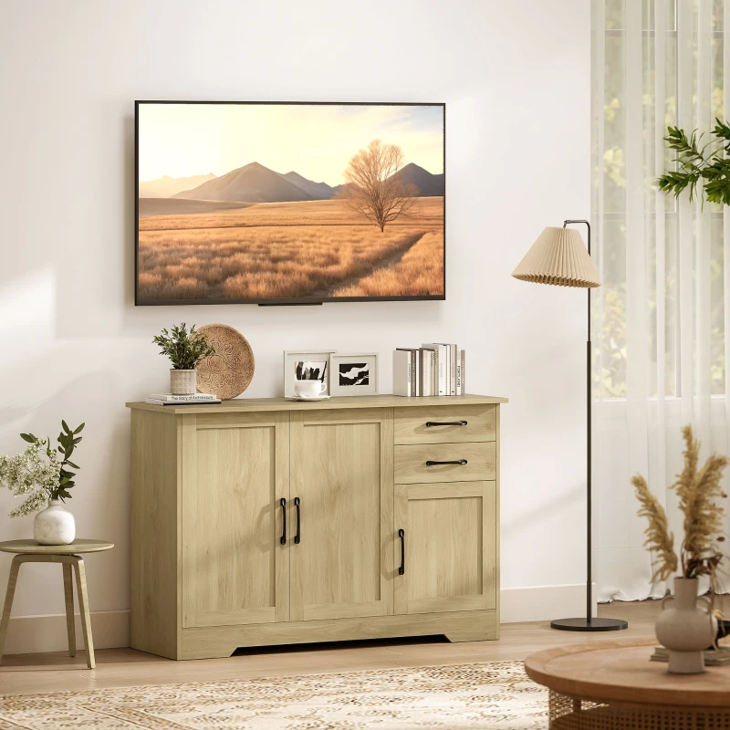 HOMCOM Buffet de Salon Moderne avec 3 Portes 2 Tiroirs Étagère Réglable pour Salle à Manger Entrée 120x38x79 cm Naturel