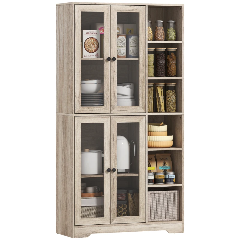 HOMCOM Kitchen Pantry with Glass Cabinets with 4 Soft-Close Doors and Adjustable Shelves, 90x35x172 cm Light Gray