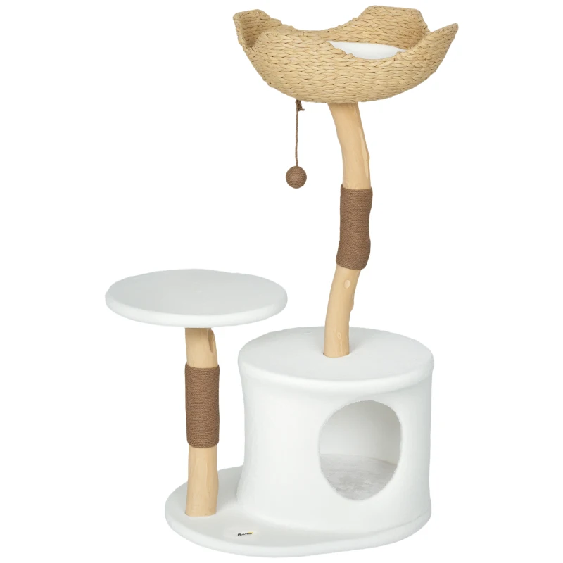 PawHut Kratzbaum Katzenspielzeugturmbaum Kratzbretter Plattform Bett Höhle waschbares flauschiges Kissen, 55 x 45 x 102 cm weiß