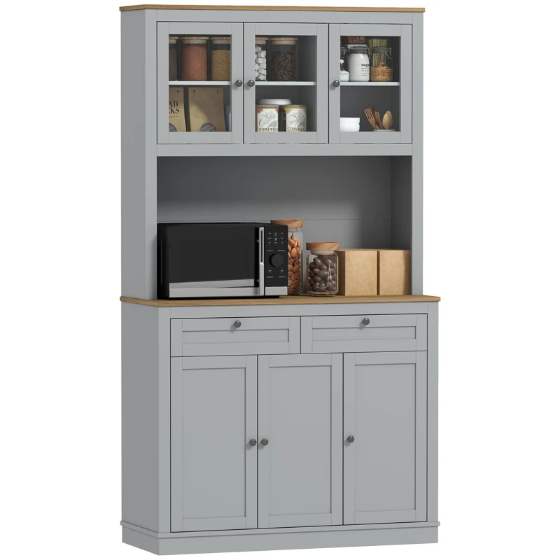 HOMCOM Armoire de Cuisine avec 3 Portes en Verre Compartiment Ouvert 2 Tiroirs et Étagères Ajustables 100x40x180 cm Gris(m-6)