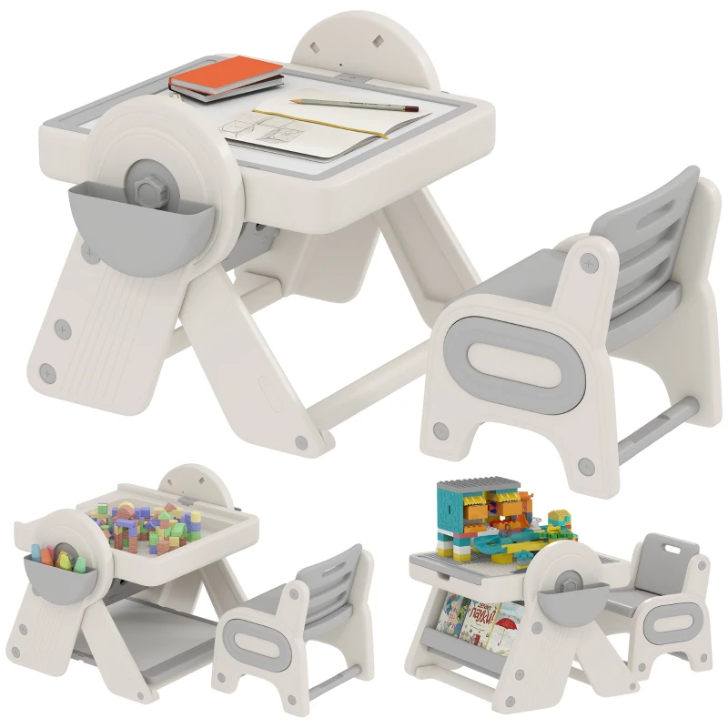 AIYAPLAY Table Polyvalente pour Enfants avec Plateau Rangement et Tiroirs, en HDPE et PP, Gris et Blanc