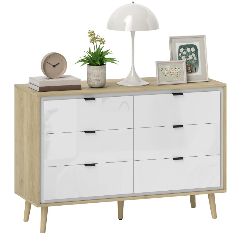 HOMCOM 6-Drawer Dresser Bedroom Dresser with Wooden Legs Modern Style 110x40x75 cm Glossy White and Oak