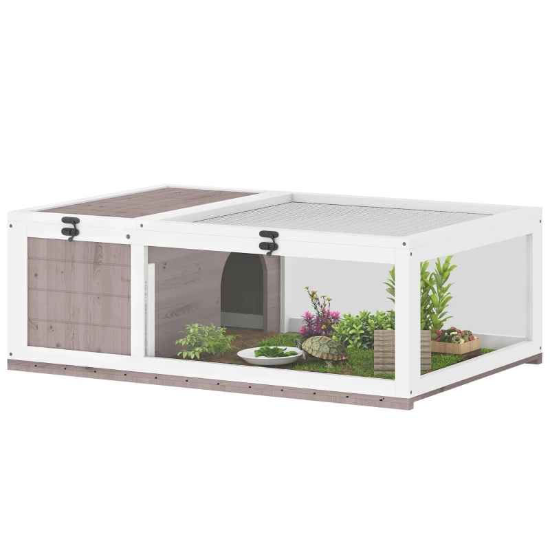 PawHut House enclosure cage habitat for small animal tortoises with 2 spaces 91 x 60.5 x 32 cm solid wood light brown