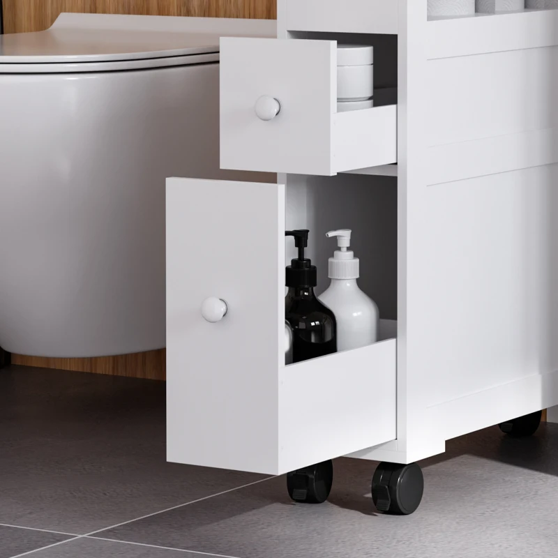 HOMCOM 72x16cm Narrow Bathroom Storage Unit w/ 2 Drawers Open Top 4 Wheels Slimline Modern Rolling Home Organisation
