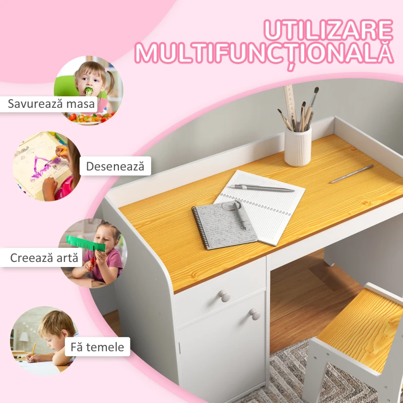 ZONEKIZ Masa de birou pentru copii cu scaun birou de scoala pentru copii din lemn sertar scaun asortat alb pentru scoala mobilier camera copilului birou pentru copii mici(m-5)