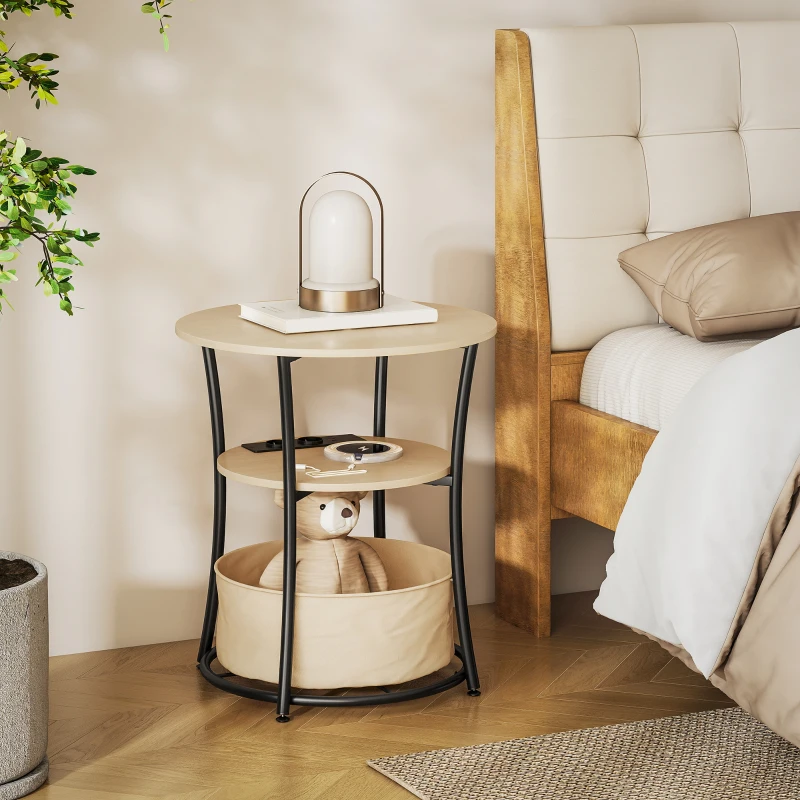 HOMCOM Tavolino da salotto rotondo con 3 ripiani, ricarica integrata e sacca, Ø50 x 55,1 cm, Legno naturale