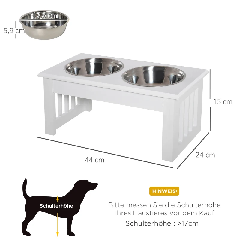 PawHut Verhoogde Voerbak voor Honden met Dubbele Kom voor Honden en Katten - Voerbakstandaard met afmetingen 44L x 24B x 15H cm - 2 roestvrijstalen kommen van 0,9L inbegrepen - wit