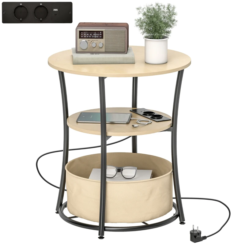 HOMCOM Table d'appoint ronde 3 niveaux avec station de charge (2 prises, USB/USB‑C) et sac de rangement, Ø50 x 55,1 cm, bois naturel