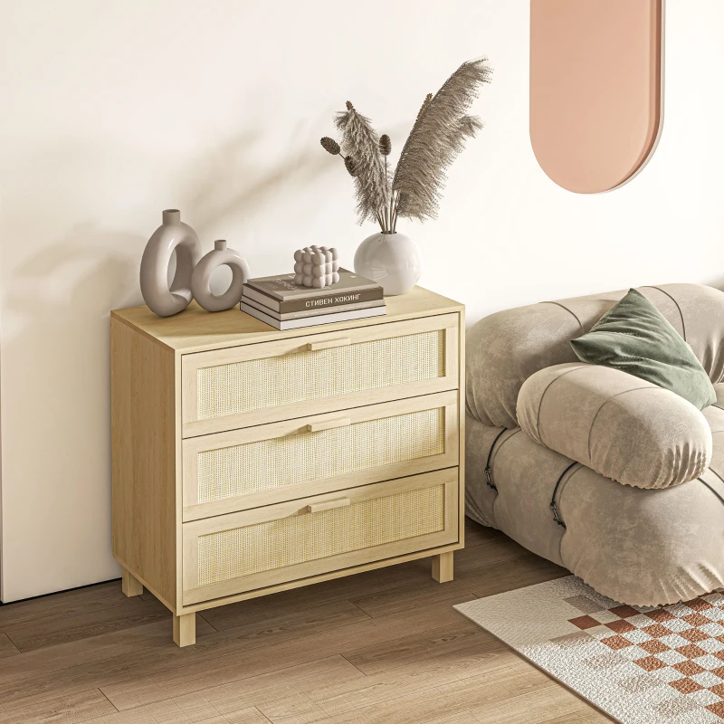 HOMCOM Commode 3 tiroirs cannage en rotin dim. 80L x 40l x 80H cm MDF Aspect Bois Clair