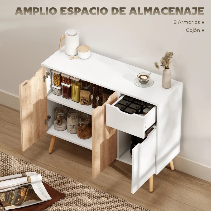 HOMCOM Aparador Moderno Aparador para Salón con 3 Puertas y Cajón Mueble Auxiliar para Salón Cocina Dormitorio 90x30x72 cm Blanco y Natural(m-4)