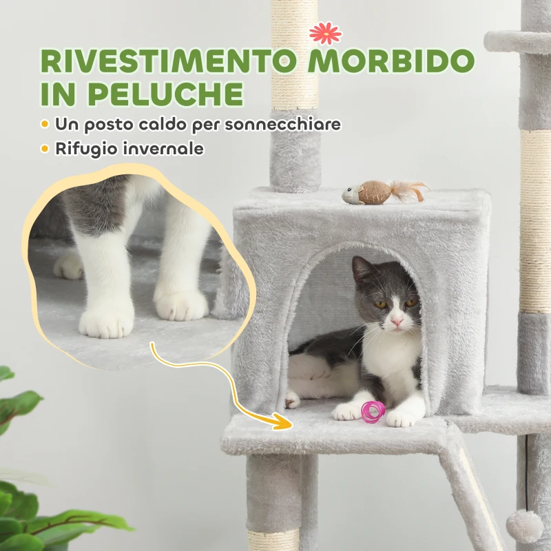 PawHut Albero Tiragraffi a Soffitto con Altezza Regolabile 225-255 cm con Casetta e Amaca, Grigio Chiaro