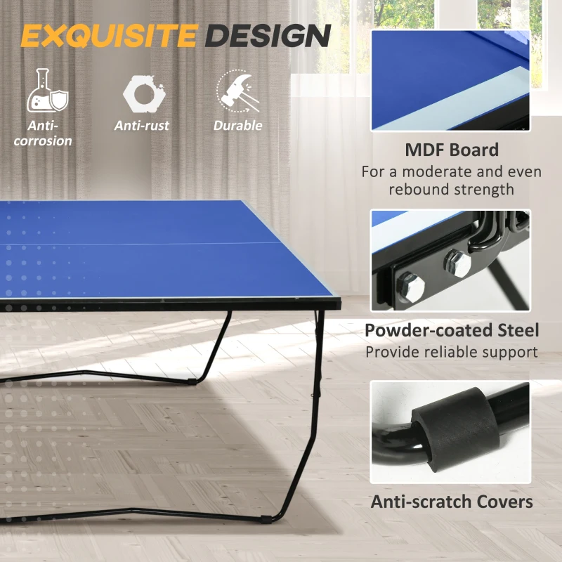 SPORTNOW 9FT Folding Tennis Table, with 8 Wheels, for Indoor Use, Blue