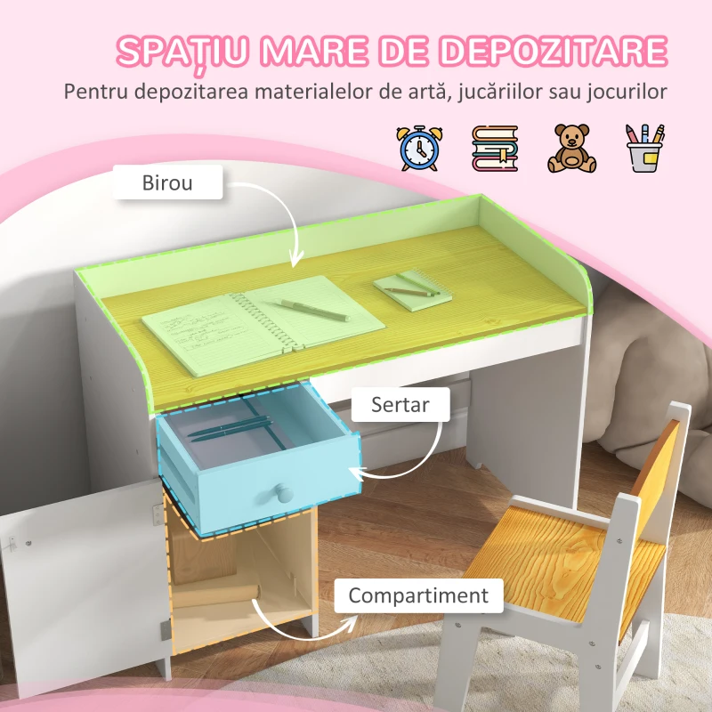 ZONEKIZ Masa de birou pentru copii cu scaun birou de scoala pentru copii din lemn sertar scaun asortat alb pentru scoala mobilier camera copilului birou pentru copii mici(m-6)