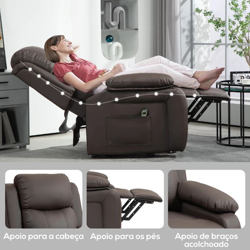 HOMCOM Poltrona Relax Levanta Pessoas com Controle Remoto Reclinação Elétrica de 160° Apoio para os Pés 76x90x105 cm Castanho Escuro