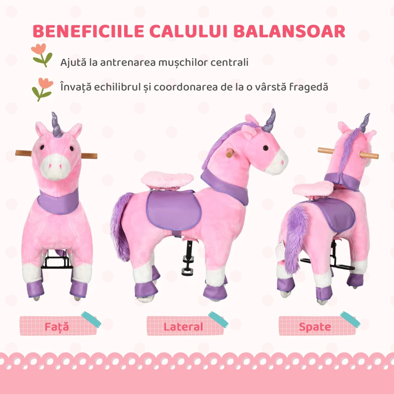 HOMCOM Balansoar pentru copii, design unicorn cu roti pentru 3-6 ani