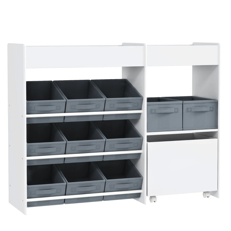 AIYAPLAY Mobile Portagiochi per Bambini con 11 Cestini in Tessuto, Armadietto e Ripiani, 105x30x80 cm, Bianco
