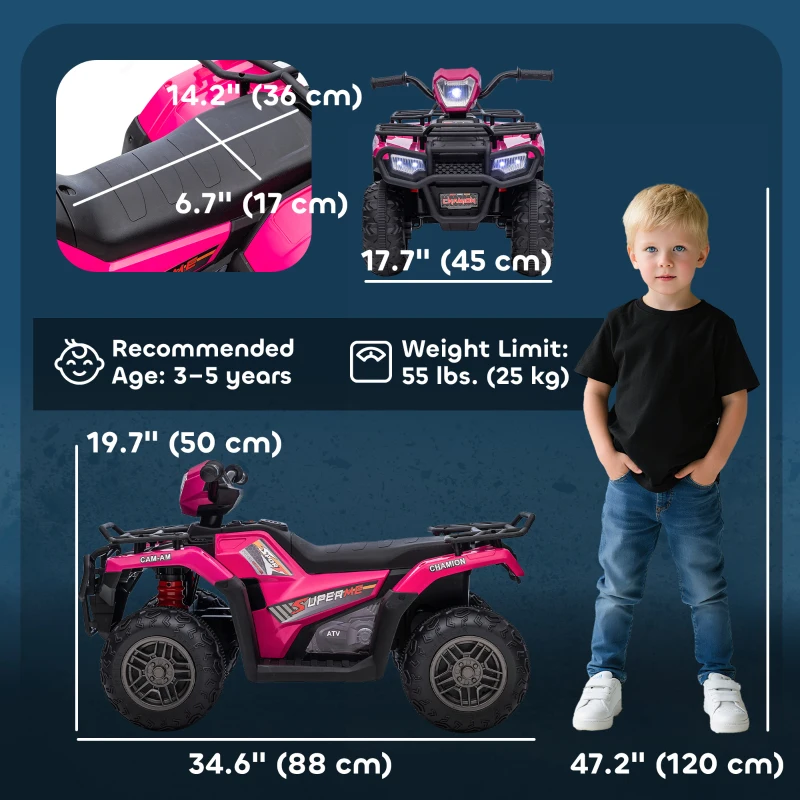HOMCOM 12V Kids Quad Bike with Forward, Reverse Functions, Ride-On ATV w/ Music, LED, Headlights, for Ages 3-5 Years - Pink