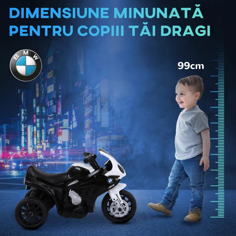 HOMCOM Motocicleta Electrica pentru Copii cu Autorizatie BMW 3 Roti Baterie Reincarcabila 6V Alb si Negru