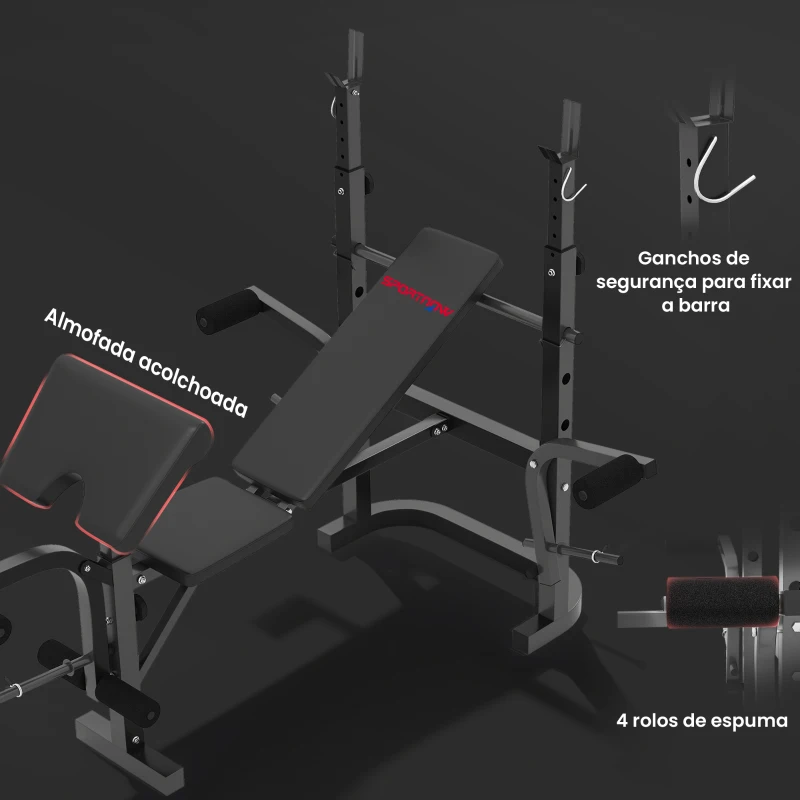 SPORTNOW Banco de Musculação Multifuncional Inclinável Banco de Pesos com Suporte para Barra Ajustável Extensão de Pernas  106x155x202 cm Preto