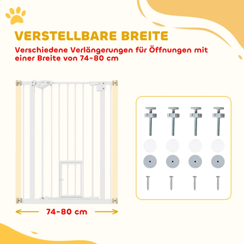 PawHut Türgitter mit Katzenklappe, Montage ohne Bohren, variable Breite 74-80 cm, einhändiges Öffnen, Metall, Weiß