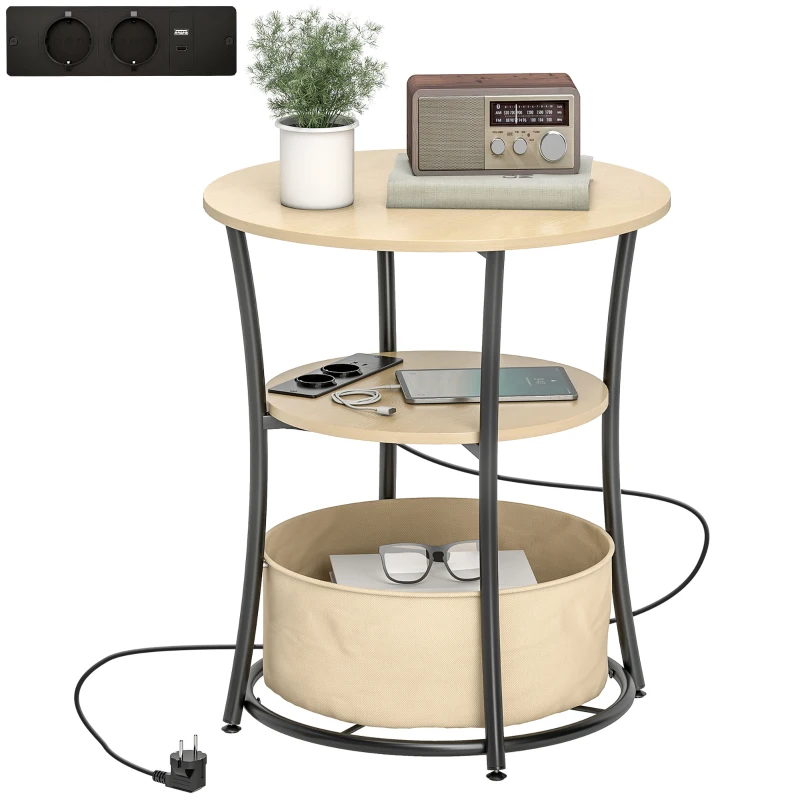 HOMCOM Table d'appoint ronde 3 niveaux avec station de charge (2 prises, USB/USB‑C) et sac de rangement, Ø50 x 55,1 cm, bois naturel