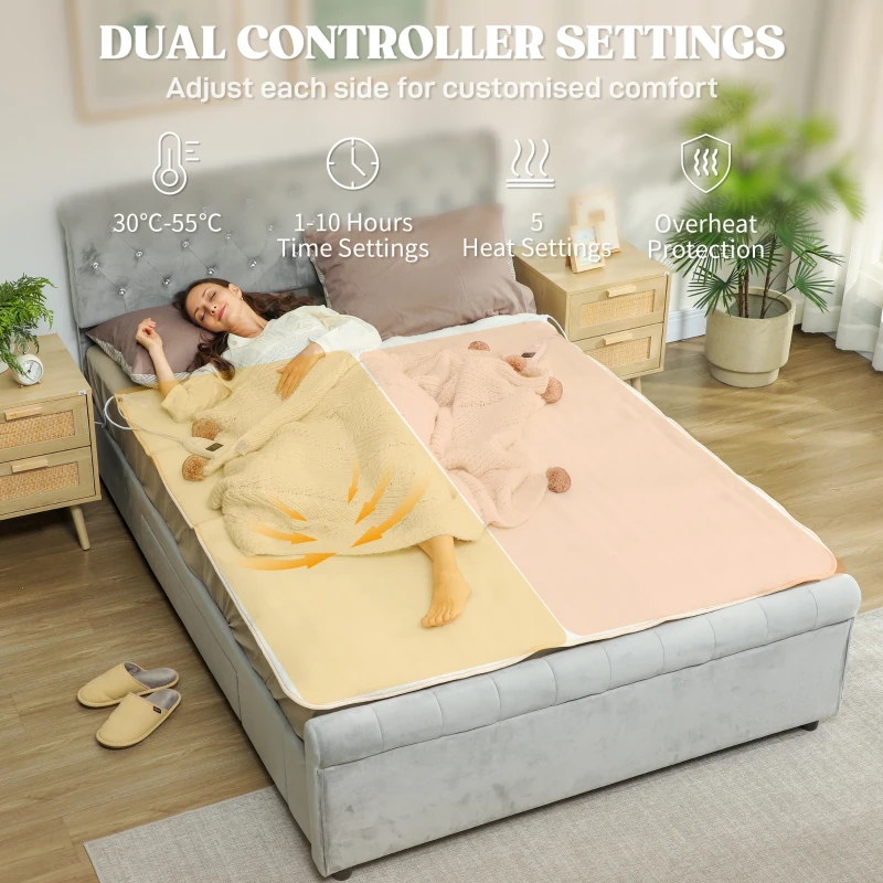 HOMCOM Heizdecke met Dualzonensteuerung 160 x 140 cm machinewasbaar met 5 Verwarmingsniveaus, 10 Uur Timer, Oververhittingsbeveiliging