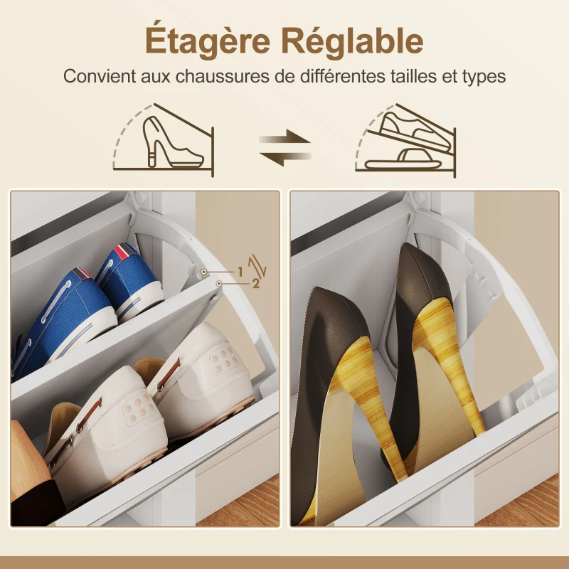 HOMCOM Meuble à chaussures 20 paires bohème avec 4 tiroirs rabattables, portes effet cannage rotin, 105 x 24 x 95,5 cm, blanc(m-6)