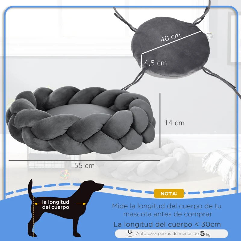 PawHut Cama para Perros Pequeños Cama para Mascotas Lavable con Cojín Independiente y Cuerda de Algodón 55x55x14 cm Gris