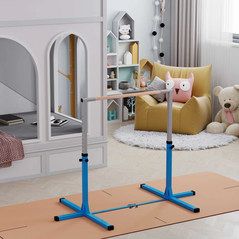 HOMCOM Barre fixe de gymnastique enfant - barre de gymnastique hauteur réglable 13 niveaux 92 à 150 cm - acier bleu bois hêtre