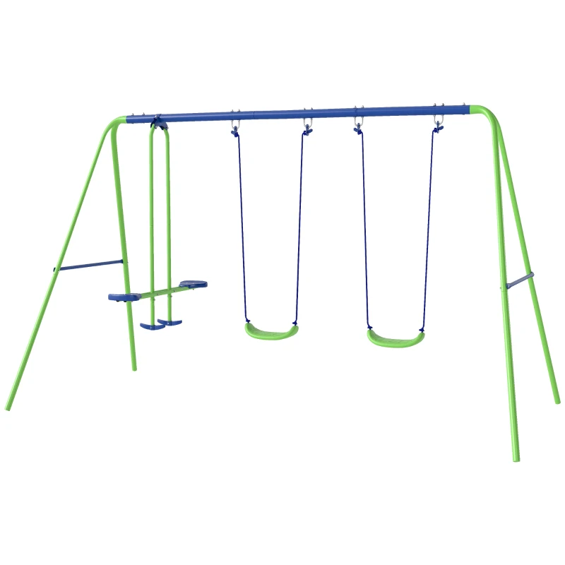 Outsunny Juego de Columpios de Jardín de Metal con Altura Ajustable 2 Columpios y Balancín 280x140x178 cm Verde y Azul