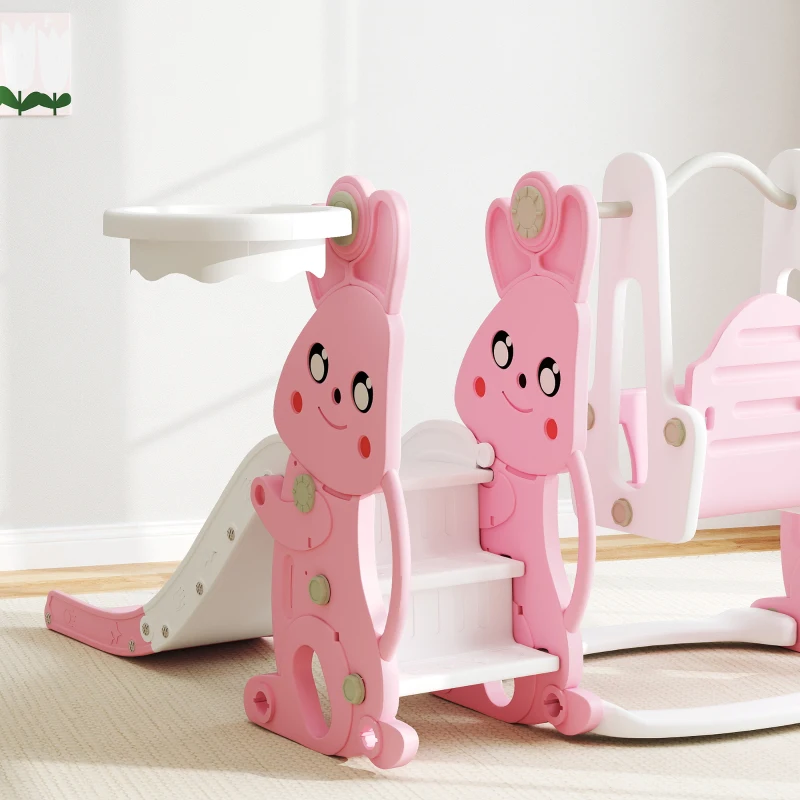 AIYAPLAY Toboggan et balançoire pour enfants 4 en 1 avec panier de basket, toboggan, balançoire, 147,5x160x107cm, rose(m-9)