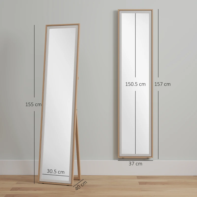HOMCOM Specchio a figura intera con cornice MDF bicolore, 157 x 37 cm,  Argento/Naturale