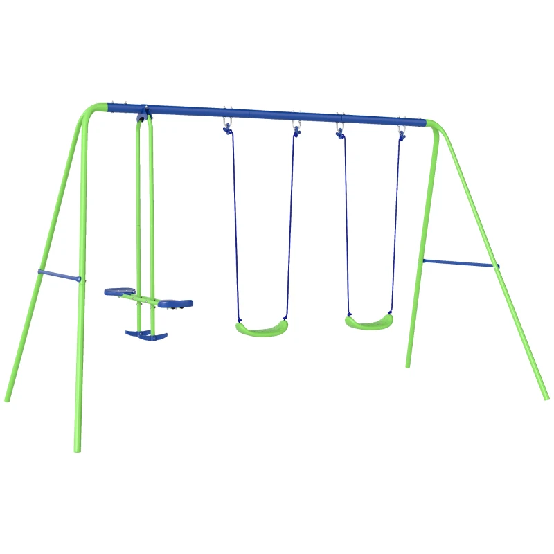 Outsunny Juego de Columpios de Jardín de Metal con Altura Ajustable 2 Columpios y Balancín 280x140x178 cm Verde y Azul