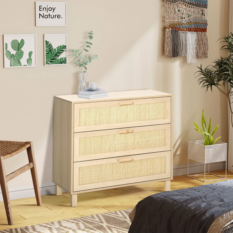 HOMCOM Commode 3 tiroirs cannage en rotin dim. 80L x 40l x 80H cm MDF Aspect Bois Clair
