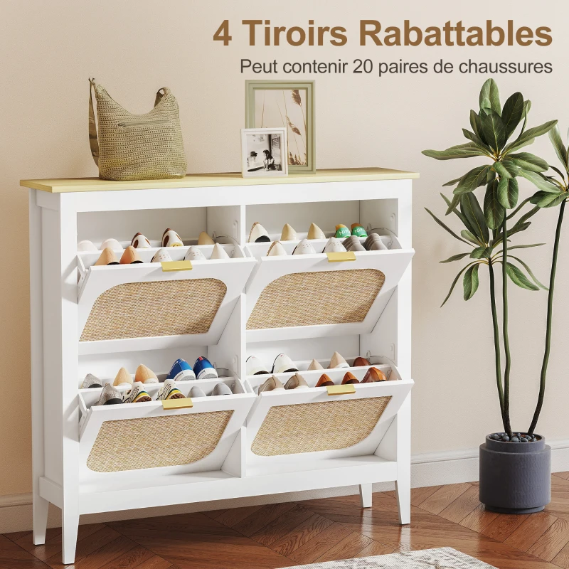 HOMCOM Meuble à chaussures 20 paires bohème avec 4 tiroirs rabattables, portes effet cannage rotin, 105 x 24 x 95,5 cm, blanc(m-5)