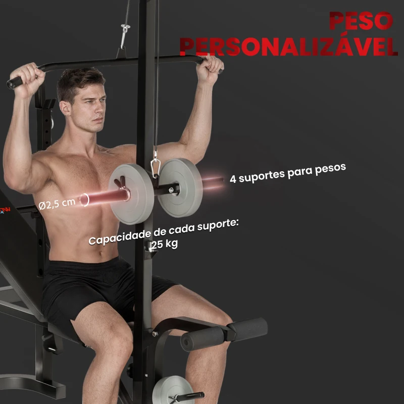 SPORTNOW Banco de Musculação Multifuncional Inclinável Banco de Pesos com Suporte para Barra Ajustável Extensão de Pernas  106x155x202 cm Preto