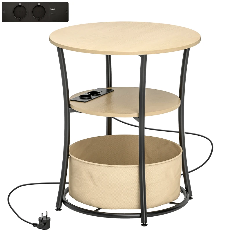 HOMCOM Runder Beistelltisch mit Lade‑Station, 3 Ablagen & Stofftasche, Ø 50 x 55,1 cm, Naturholz