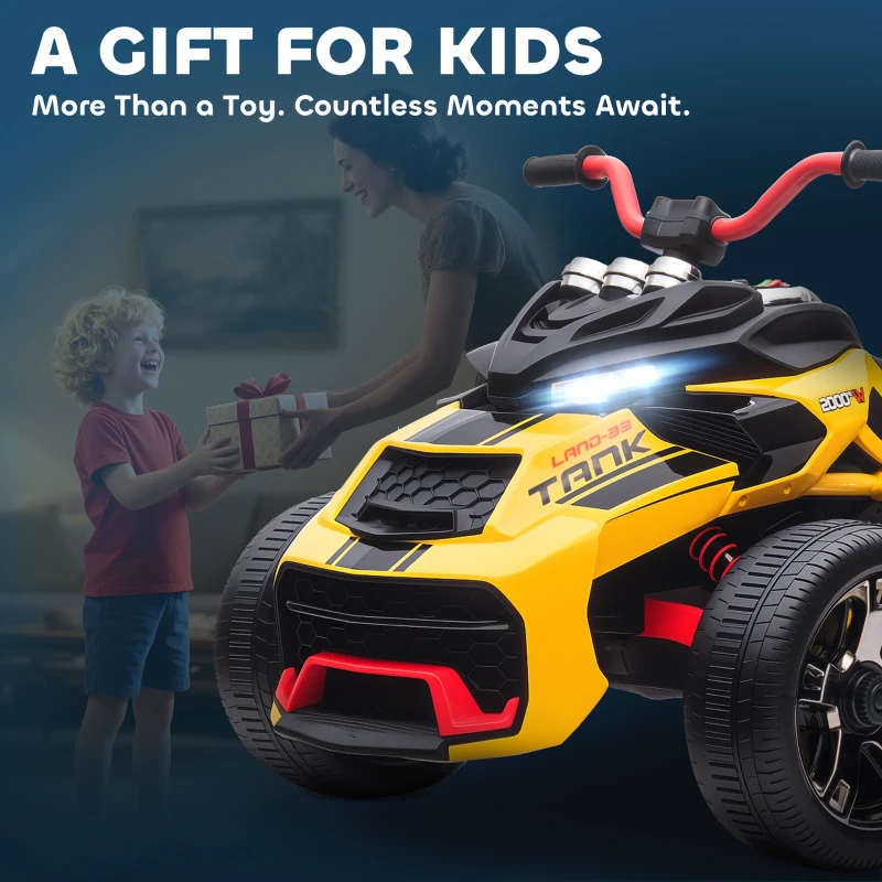 AIYAPLAY Quad Elettrico Bambini 12V su 3 Ruote, con MP3, LED, a 2 Velocità, Giallo