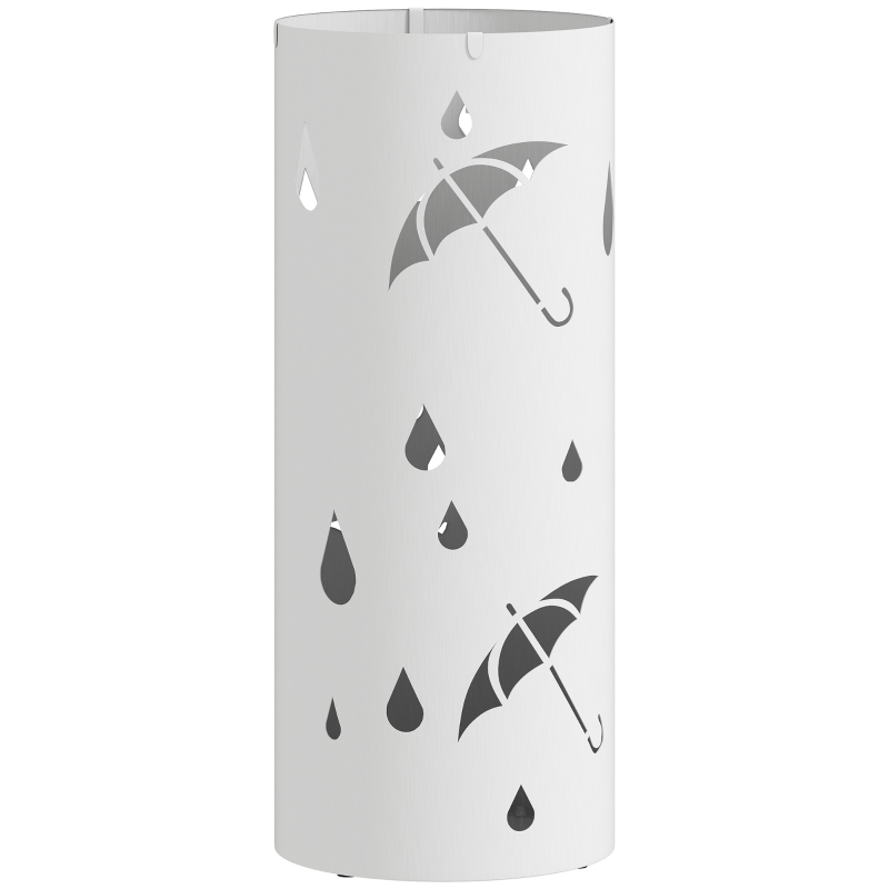 HOMCOM Regenschirmständer zylindrisch – verzinkter Stahl, Abtropfschale & 4 Haken, Ø 17 x 41 cm, weiß