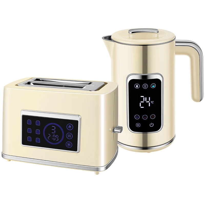 HOMCOM Set Desayuno con Pantalla LED Táctil Hervidor de Agua 1,7L 3000W Tostadora Pan Ranura Ancha 2 Rebanadas Crema