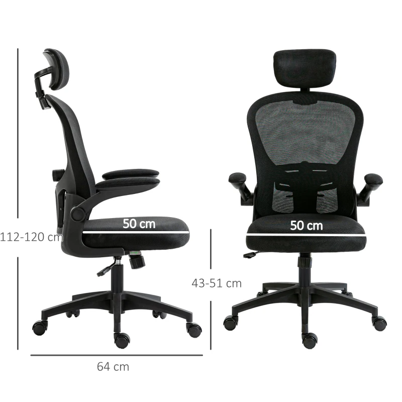 Vinsetto Silla de Oficina de Malla Silla de Escritorio Respaldo Alto Reposacabezas Ajustable Soporte Lumbar 4D 62x64x120 cm Negro