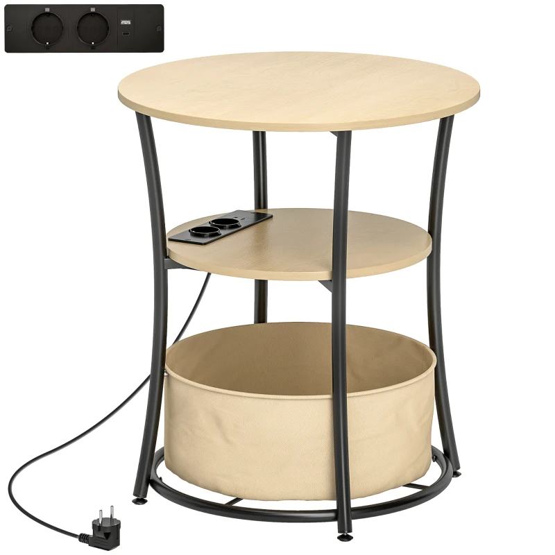 HOMCOM Mesa Auxiliar Redonda de 3 Niveles con Estación de Carga 3 Estantes y Bolsa para Salón Dormitorio Ø50x55,1 cm Natural
