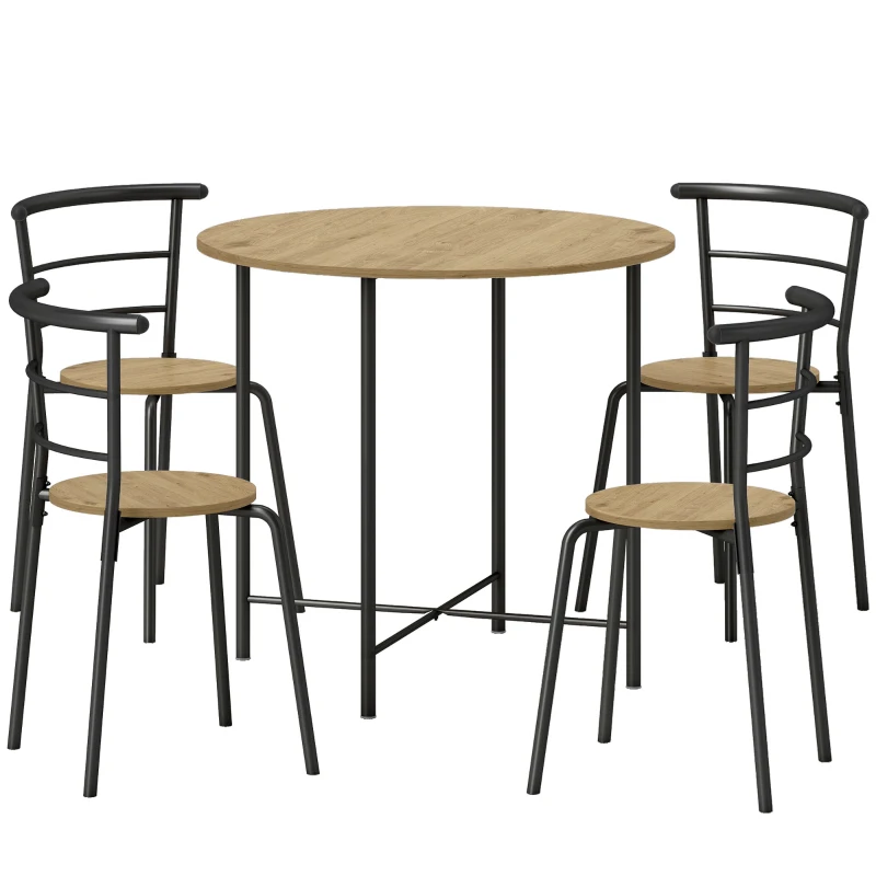 HOMCOM Juego de Mesa y 4 Sillas de Comedor Redonda Estilo Industrial Marco Metálico para Espacios Pequeños Salón Natural