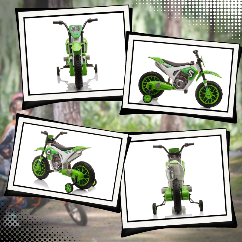 HOMCOM Moto Eléctrica para Niños de +3 Años 12V Moto de Juguete Infantil con 2 Ruedas de Equilibrio Velocidad 3-8 km/h Arranque Suave 106,5x51,5x68 cm Verde