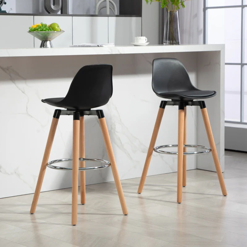 HOMCOM Juego de 2 Taburetes Altos de Cocina 69 cm Tapizado en PU con Respaldo Patas de Madera para Comedor Negro
