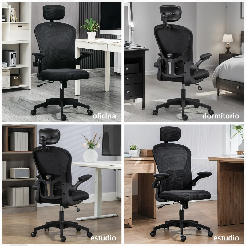 Vinsetto Silla de Oficina de Malla Silla de Escritorio Respaldo Alto Reposacabezas Ajustable Soporte Lumbar 4D 62x64x120 cm Negro